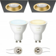 LED Spot Set GU10 - Pragmi Rodos Pro - Einbau Quadrat - Matt Schwarz/Gold - 93mm - Philips Hue - White Ambiance - Bluetooth