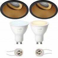 LED Spot Set GU10 - Pragmi Zano Pro - Einbau Rund - Matt Schwarz/Gold - Schwenkbar - Ø93mm - Philips Hue - White Ambiance - Bluetooth