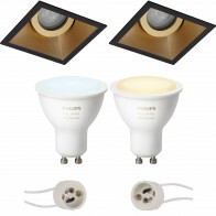 LED Spot Set GU10 - Pragmi Zano Pro - Einbau Quadrat - Matt Schwarz/Gold - Schwenkbar - 93mm - Philips Hue - Weißambiente - Bluetooth