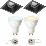 LED Spot Set GU10 - Pragmi Zano Pro - Einbau Quadrat - Matt Schwarz - Schwenkbar - 93mm - Philips Hue - White Ambiance - Bluetooth
