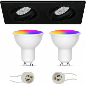 LED Spot Set GU10 - Facto - Smart LED - Wifi LED - Slimme LED - 5W - RGB+CCT - Aanpasbare Kleur - Dimbaar - Afstandsbediening - Pragmi Borny Pro - Inbouw Rechthoek Dubbel - Mat Zwart - Kantelbaar - 175x92mm