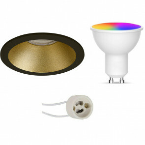 LED Spot Set GU10 - Facto - Smart LED - Wifi LED - Slimme LED - 5W - RGB+CCT - Aanpasbare Kleur - Dimbaar - Afstandsbediening - Pragmi Pollon Pro - Inbouw Rond - Mat Zwart/Goud - Verdiept - Ø82mm