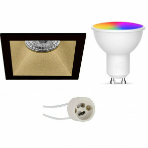 LED Spot Set GU10 - Facto - Smart LED - Wifi LED - Slimme LED - 5W - RGB+CCT - Aanpasbare Kleur - Dimbaar - Afstandsbediening - Pragmi Pollon Pro - Inbouw Vierkant - Mat Zwart/Goud - Verdiept - 82mm