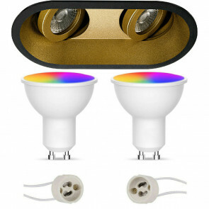 LED Spot Set GU10 - Facto - Smart LED - Wifi LED - Slimme LED - 5W - RGB+CCT - Aanpasbare Kleur - Dimbaar - Afstandsbediening - Pragmi Zano Pro - Inbouw Ovaal Dubbel - Mat Zwart/Goud - Kantelbaar - 185x93mm