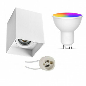 Opbouwspot Set GU10 - Facto - Smart LED - Wifi LED - Slimme LED - 5W - RGB+CCT - Aanpasbare Kleur - Dimbaar - Afstandsbediening - Pragmi Luxina Pro - Opbouw Vierkant - Mat Wit - Verdiept - Kantelbaar - 90mm