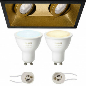 PHILIPS HUE - LED Spot Set GU10 - White Ambiance - Bluetooth - Pragmi Zano Pro - Inbouw Rechthoek Dubbel - Mat Zwart/Goud - Kantelbaar - 185x93mm
